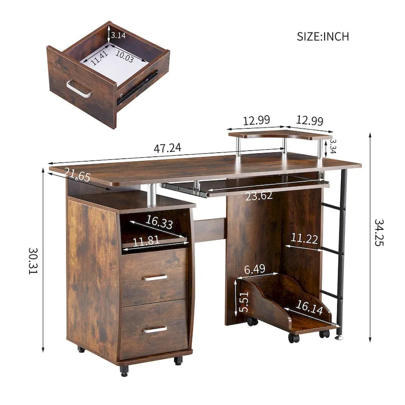 Bureau d'ordinateur incurvé traditionnel avec plateau de clavier, étagères de rangement et tiroir pour appareils pour petit bureau à domicile ou salle d'étude