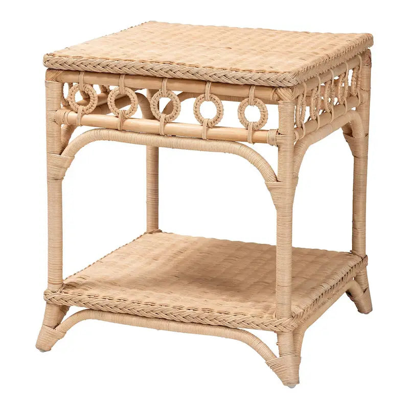 Table d'appoint Oxford en rotin naturel tressé avec étagère – Table bohème avec détails en boucles, style côtier pour salon ou chambre à coucher