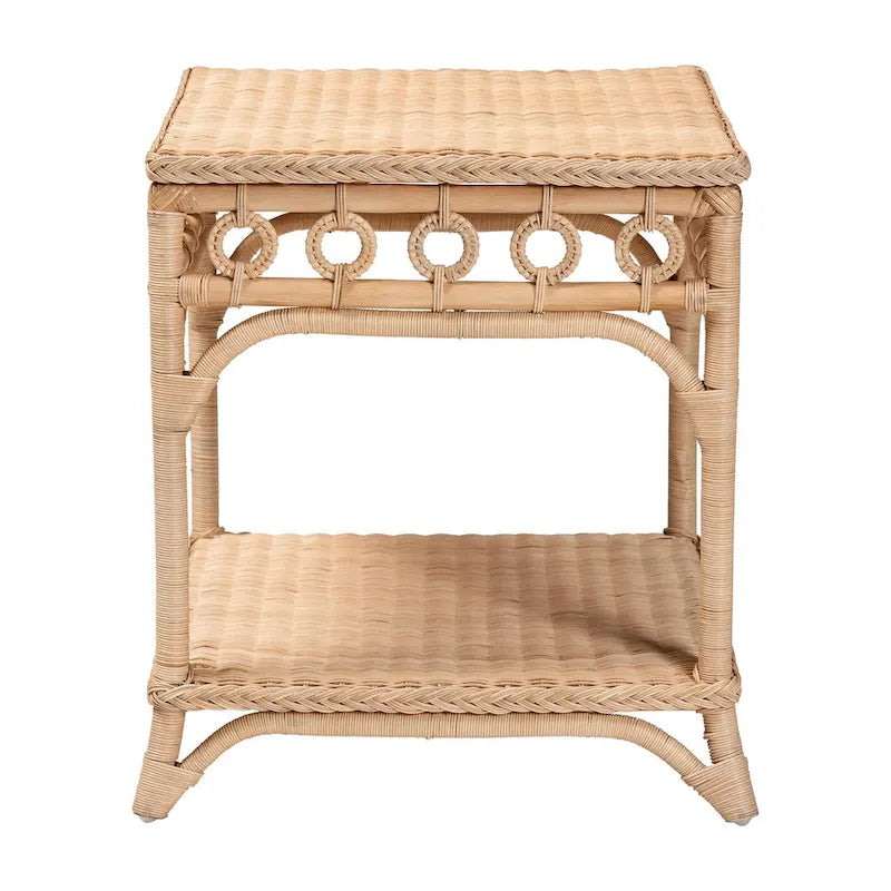 Table d'appoint Oxford en rotin naturel tressé avec étagère – Table bohème avec détails en boucles, style côtier pour salon ou chambre à coucher