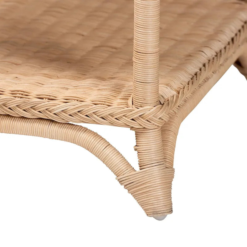 Table d'appoint Oxford en rotin naturel tressé avec étagère – Table bohème avec détails en boucles, style côtier pour salon ou chambre à coucher