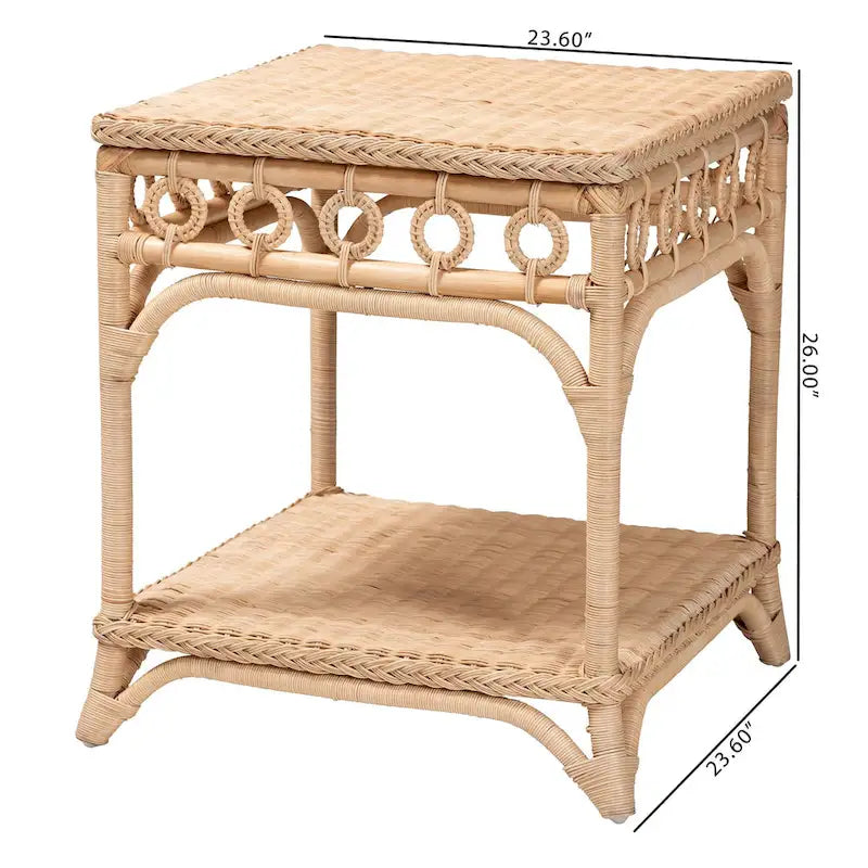 Table d'appoint Oxford en rotin naturel tressé avec étagère – Table bohème avec détails en boucles, style côtier pour salon ou chambre à coucher