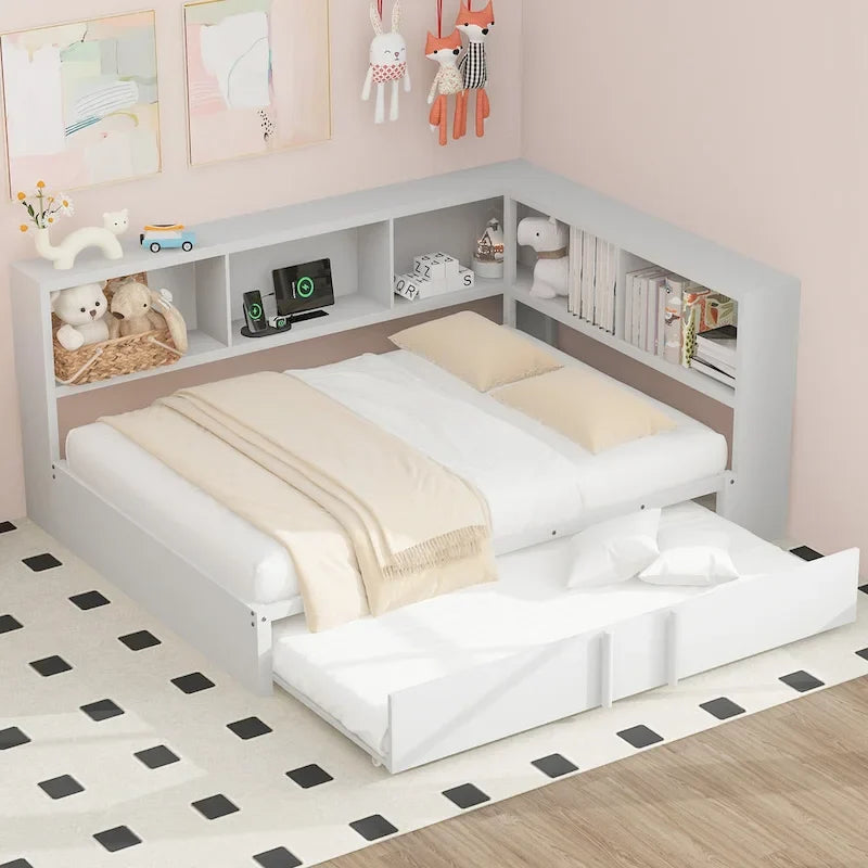 Metal Frame Daybed Full Size Sofa Bed with L-shape Storage Bookcase Guardrail, USB Ports and Trundle Bed, Low Profile Bed
