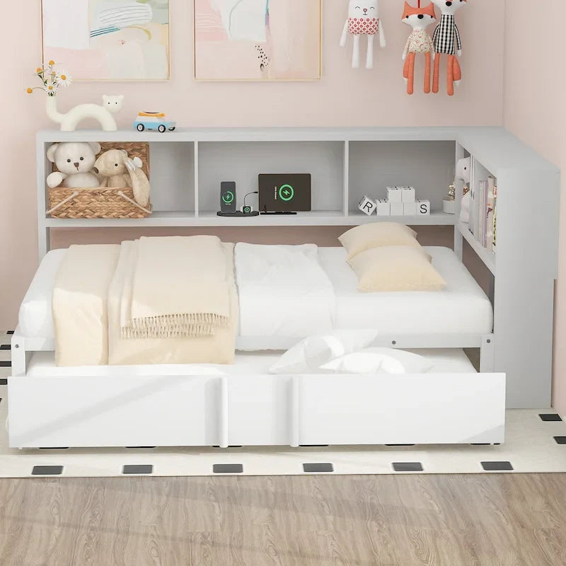 Lit de repos en métal avec cadre, lit de repos pleine grandeur avec bibliothèque de rangement en L, garde-corps, ports USB et lit gigogne, lit bas