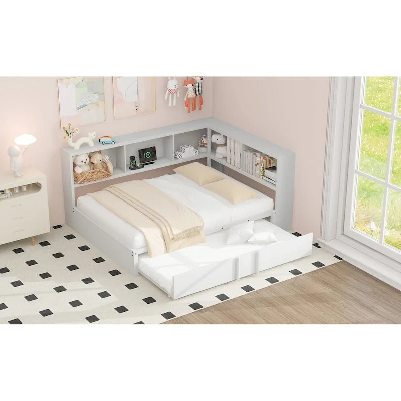 Lit de repos en métal avec cadre, lit de repos pleine grandeur avec bibliothèque de rangement en L, garde-corps, ports USB et lit gigogne, lit bas