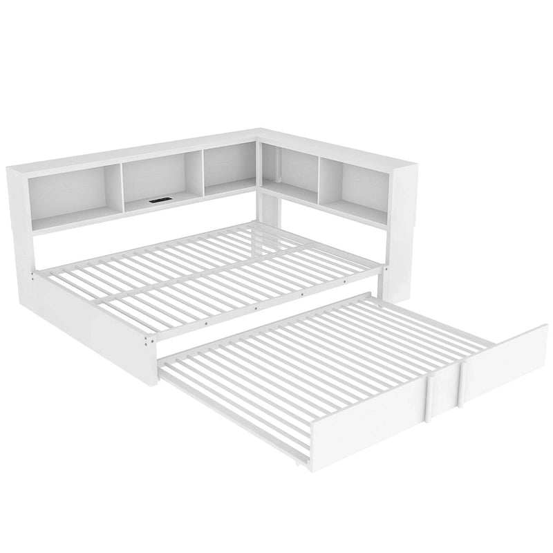 Lit de repos en métal avec cadre, lit de repos pleine grandeur avec bibliothèque de rangement en L, garde-corps, ports USB et lit gigogne, lit bas