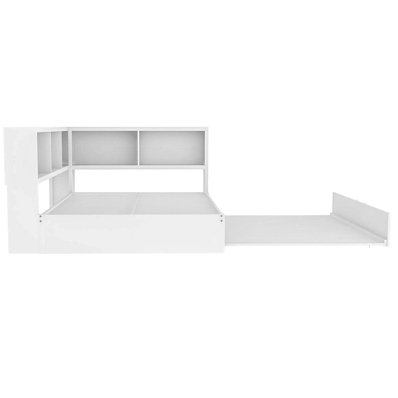 Lit de repos en métal avec cadre, lit de repos pleine grandeur avec bibliothèque de rangement en L, garde-corps, ports USB et lit gigogne, lit bas