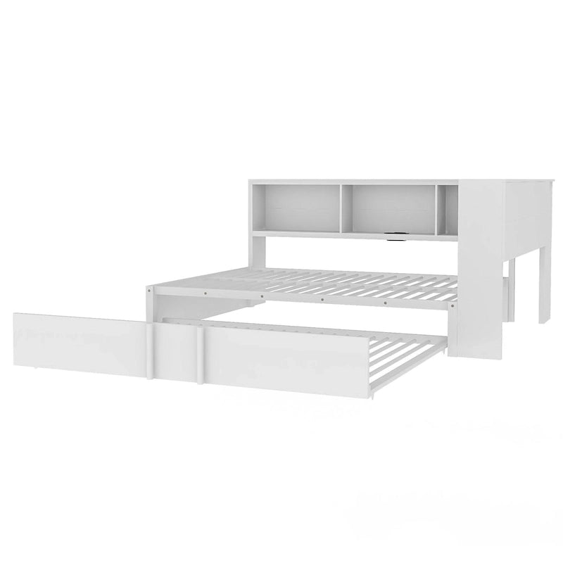 Lit de repos en métal avec cadre, lit de repos pleine grandeur avec bibliothèque de rangement en L, garde-corps, ports USB et lit gigogne, lit bas