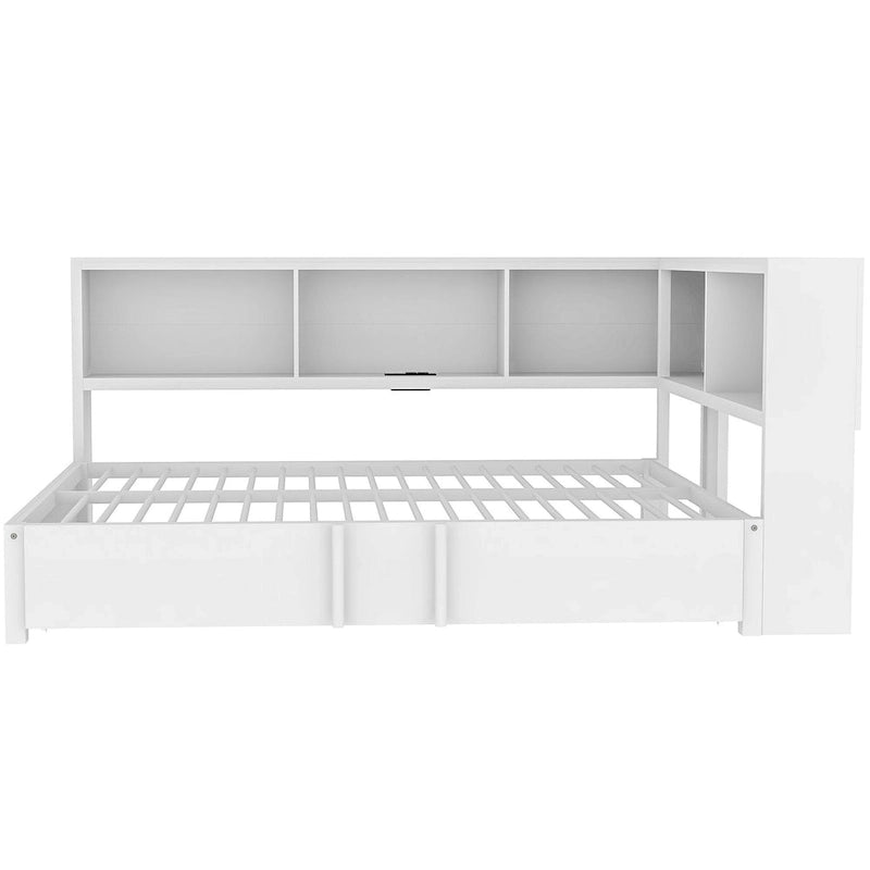 Lit de repos en métal avec cadre, lit de repos pleine grandeur avec bibliothèque de rangement en L, garde-corps, ports USB et lit gigogne, lit bas
