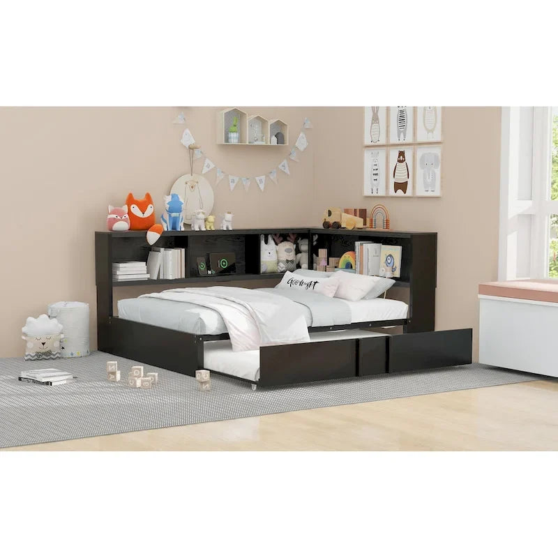 Lit de repos en métal avec cadre, lit de repos pleine grandeur avec bibliothèque de rangement en L, garde-corps, ports USB et lit gigogne, lit bas