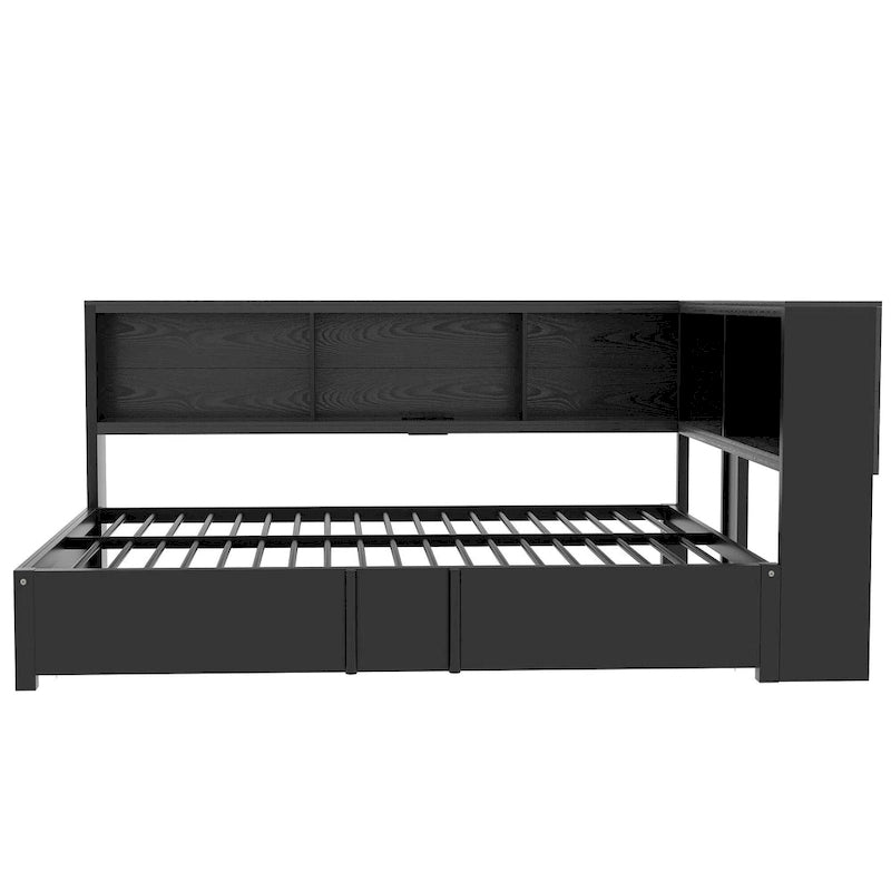 Lit de repos en métal avec cadre, lit de repos pleine grandeur avec bibliothèque de rangement en L, garde-corps, ports USB et lit gigogne, lit bas