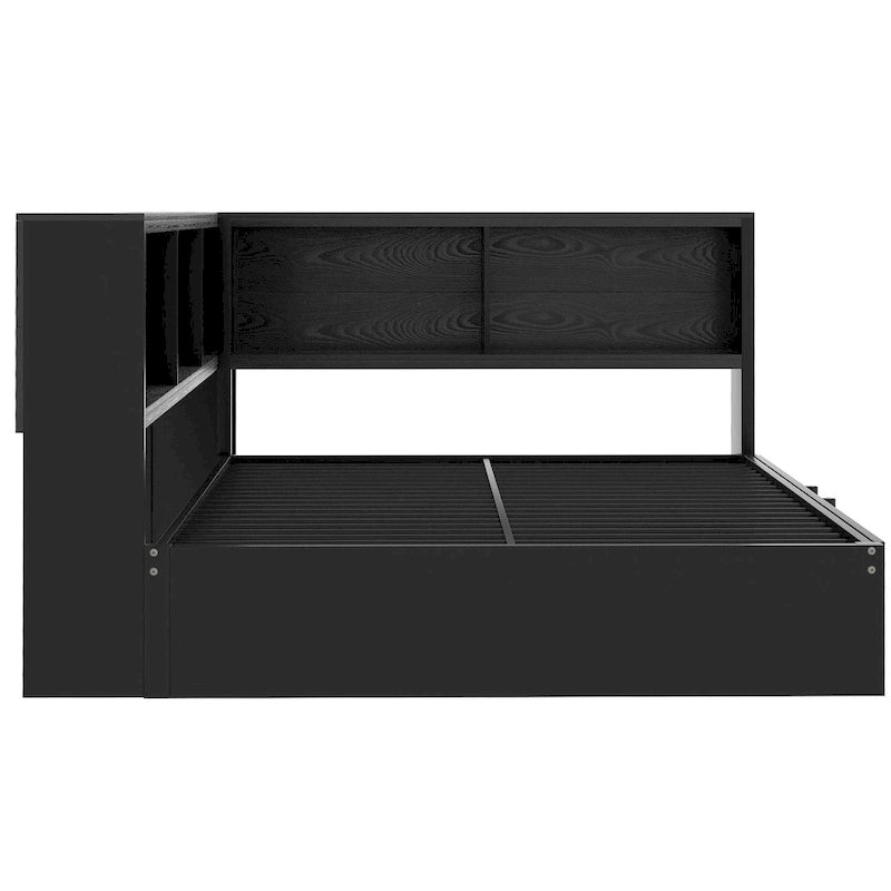 Lit de repos en métal avec cadre, lit de repos pleine grandeur avec bibliothèque de rangement en L, garde-corps, ports USB et lit gigogne, lit bas