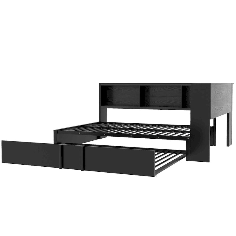 Lit de repos en métal avec cadre, lit de repos pleine grandeur avec bibliothèque de rangement en L, garde-corps, ports USB et lit gigogne, lit bas