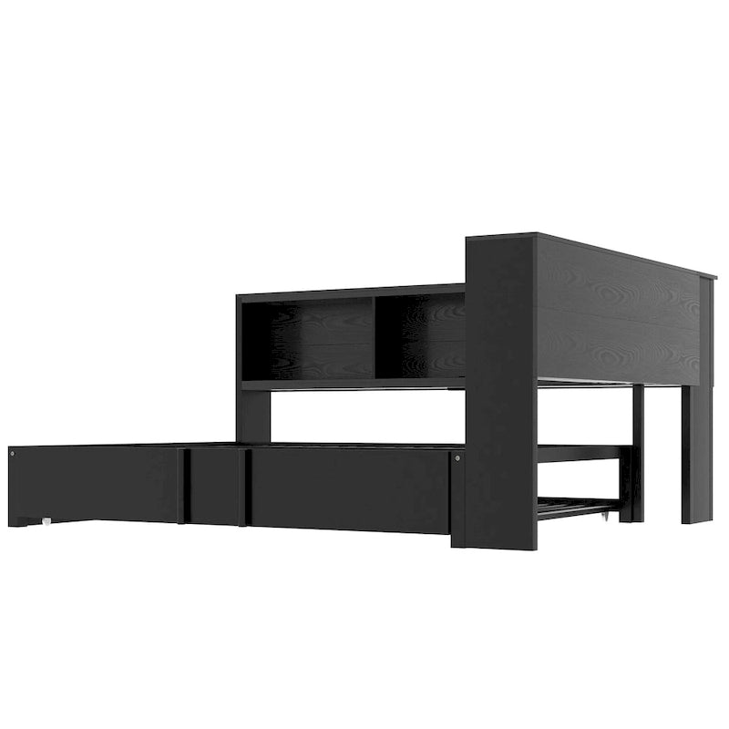 Lit de repos en métal avec cadre, lit de repos pleine grandeur avec bibliothèque de rangement en L, garde-corps, ports USB et lit gigogne, lit bas