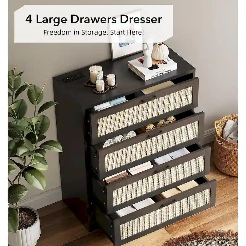 4 Drawer Dresser for Bedroom, Rattan Chest of Dressers