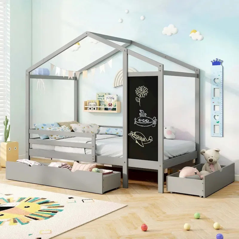 Lit Double avec 2 Tiroirs de Rangement Lit Plateforme en Bois Massif