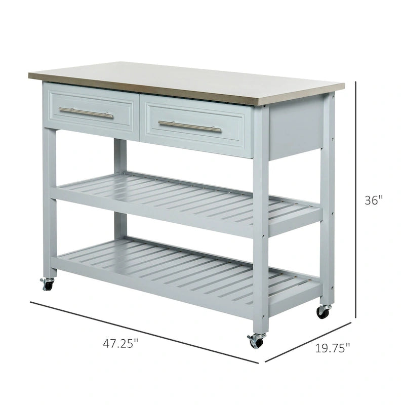 Îlot de cuisine avec plateau en acier inoxydable (tabouret non inclus)