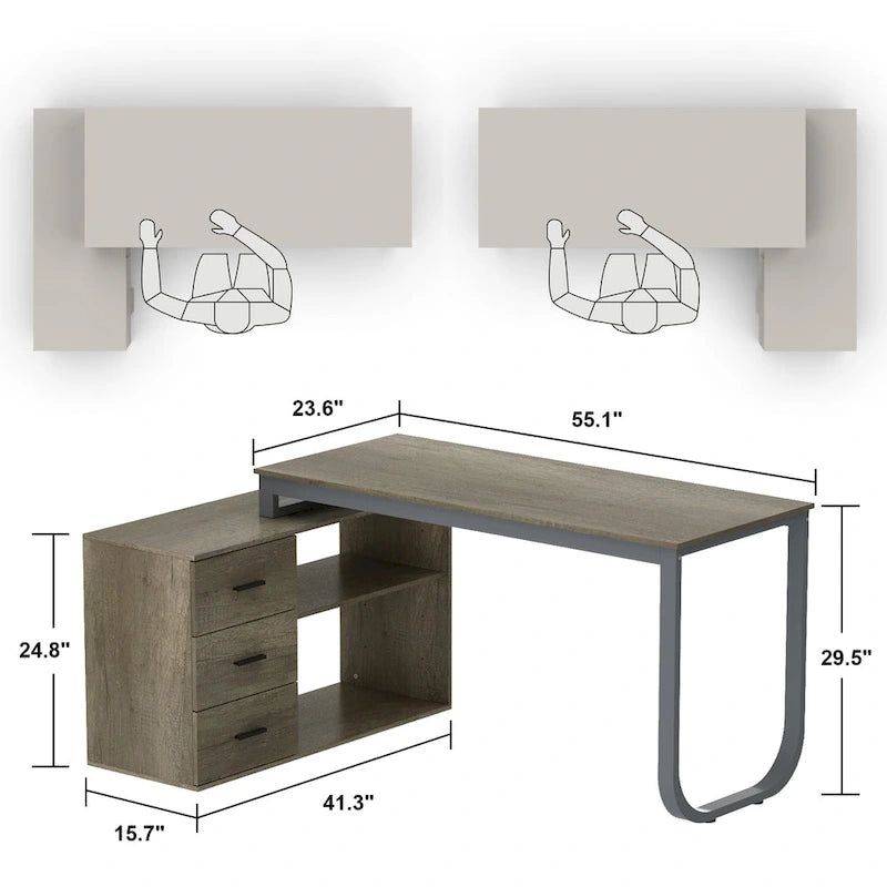 Bureau d'ordinateur d'écriture en forme de L de 55" avec rangement, poste de travail, 5 couleurs