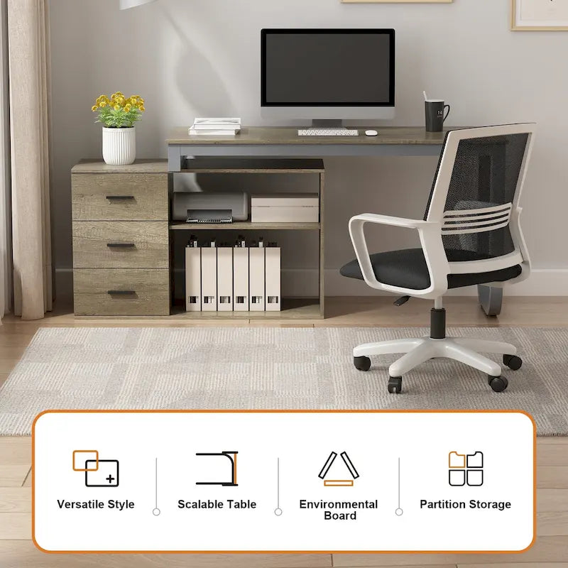 Bureau d'ordinateur d'écriture en forme de L de 55" avec rangement, poste de travail, 5 couleurs