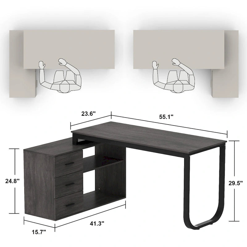 Bureau d'ordinateur d'écriture en forme de L de 55" avec rangement, poste de travail, 5 couleurs