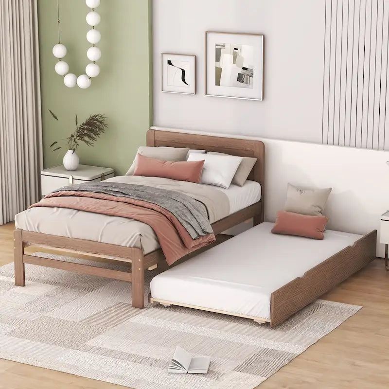 Lit gigogne plateforme en bois finition noyer, taille jumeau
