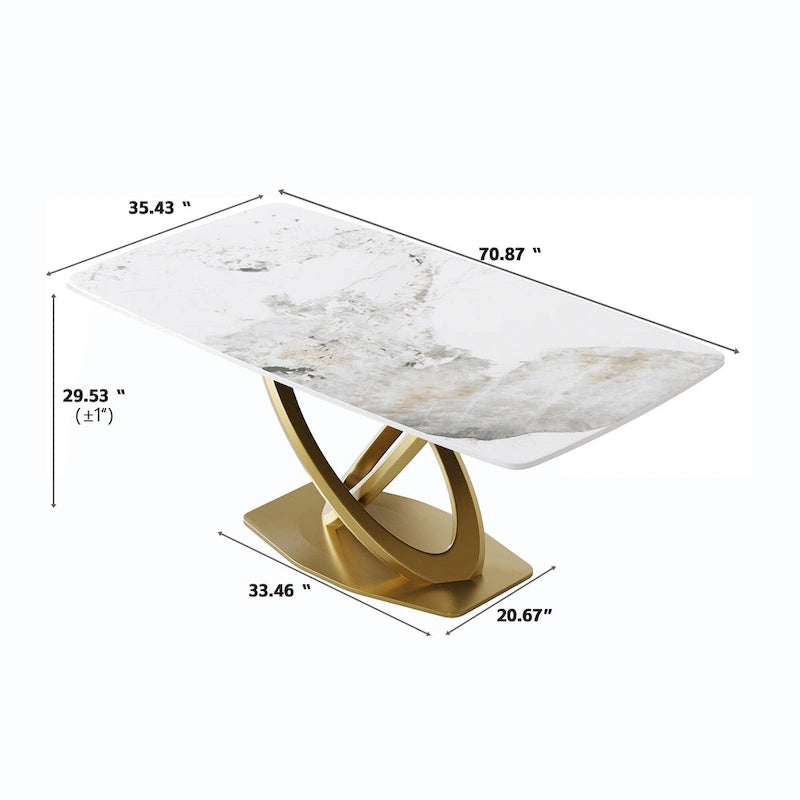 Table de salle à manger avec plateau rectangulaire en pierre frittée et piètement doré