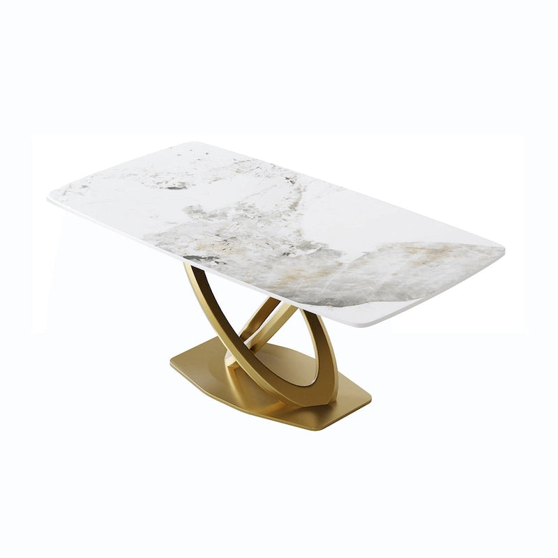 Table de salle à manger avec plateau rectangulaire en pierre frittée et piètement doré