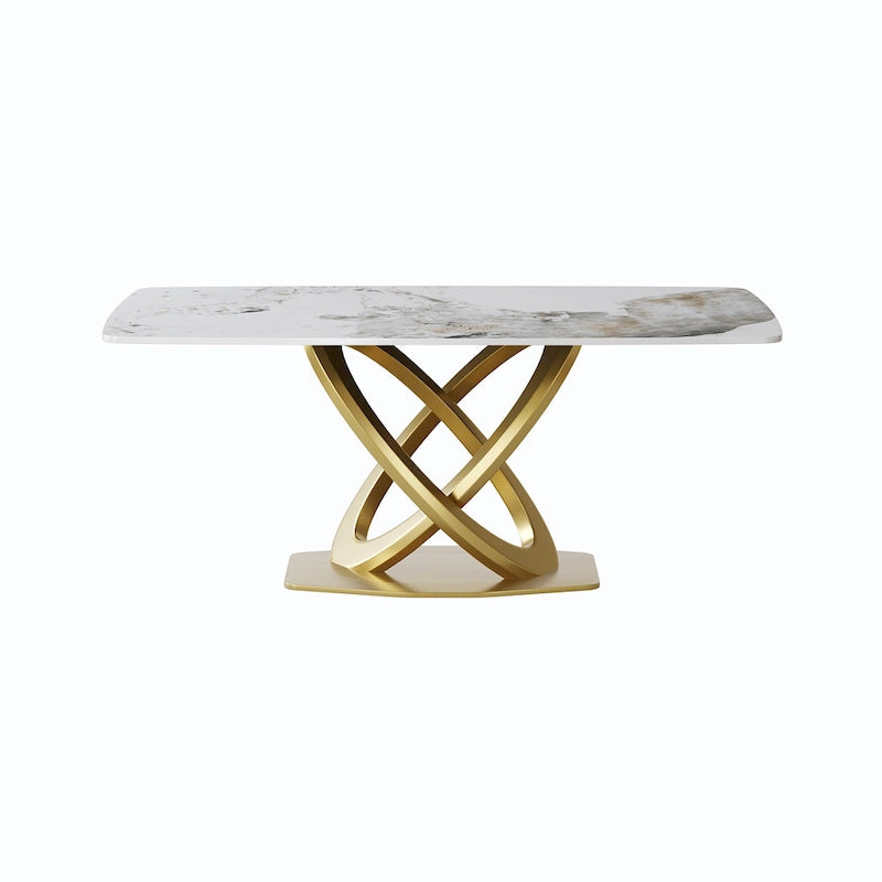 Table de salle à manger avec plateau rectangulaire en pierre frittée et piètement doré