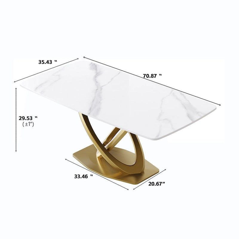 Table de salle à manger avec plateau rectangulaire en pierre frittée et piètement doré