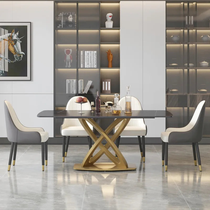 Table de salle à manger avec plateau rectangulaire en pierre frittée et piètement doré