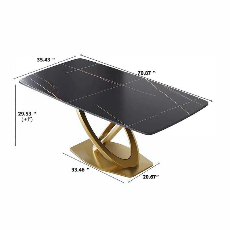 Table de salle à manger avec plateau rectangulaire en pierre frittée et piètement doré