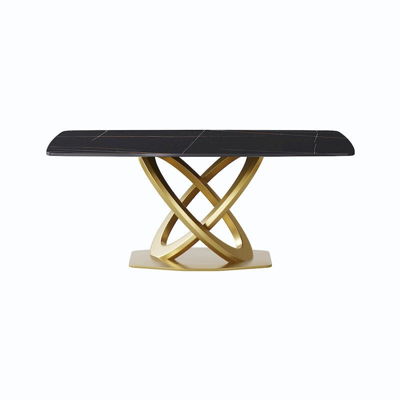 Table de salle à manger avec plateau rectangulaire en pierre frittée et piètement doré