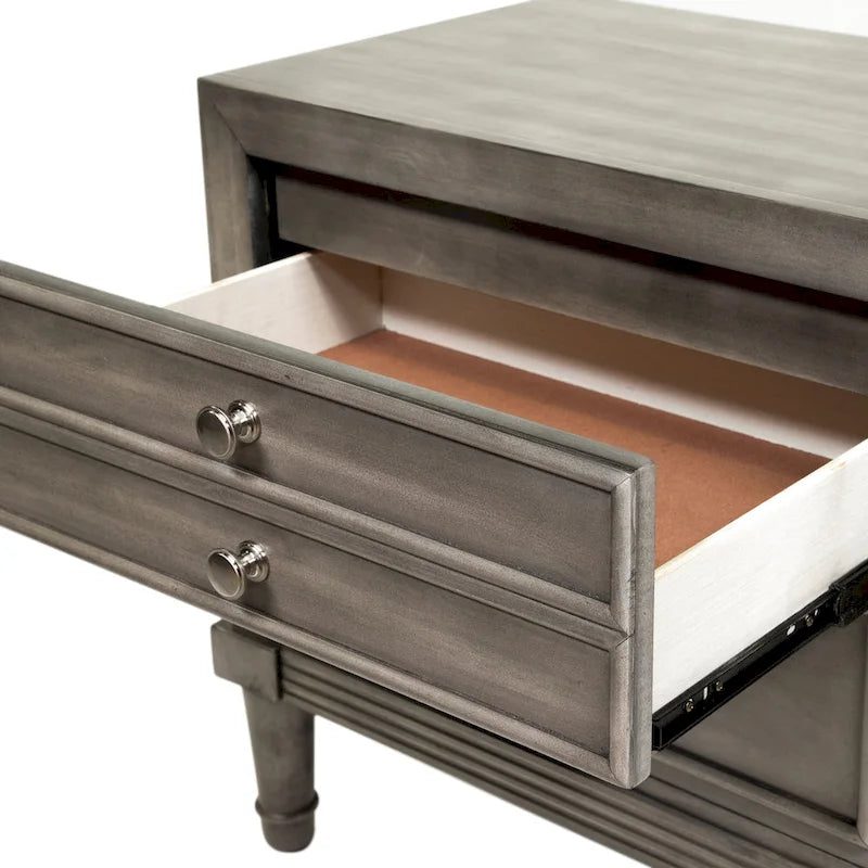 Table de chevet transitionnelle grise à 2 tiroirs en bois massif