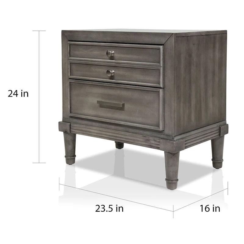 Table de chevet transitionnelle grise à 2 tiroirs en bois massif