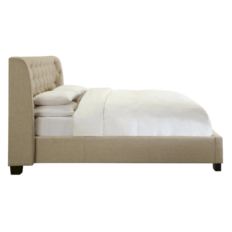 Lit Queen, Bout de lit de rangement, Rembourrage capitonné, Lin beige