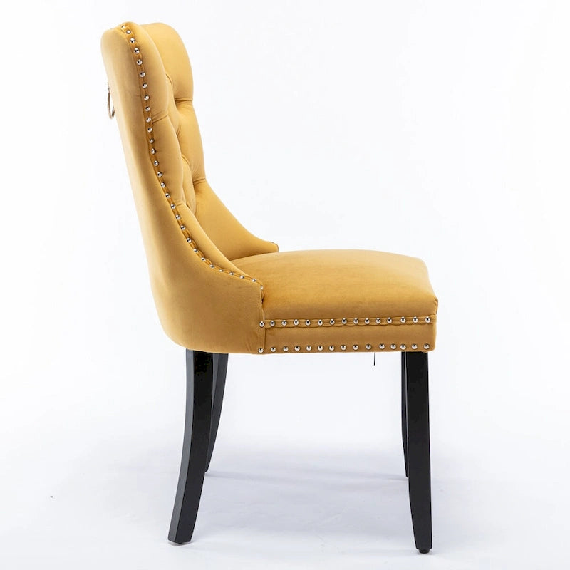 Chaises de salle à manger contemporaines haut de gamme rembourrées en velours touffeté en bois massif avec pieds en bois, garniture de clous de tapissier, lot de 2, doré
