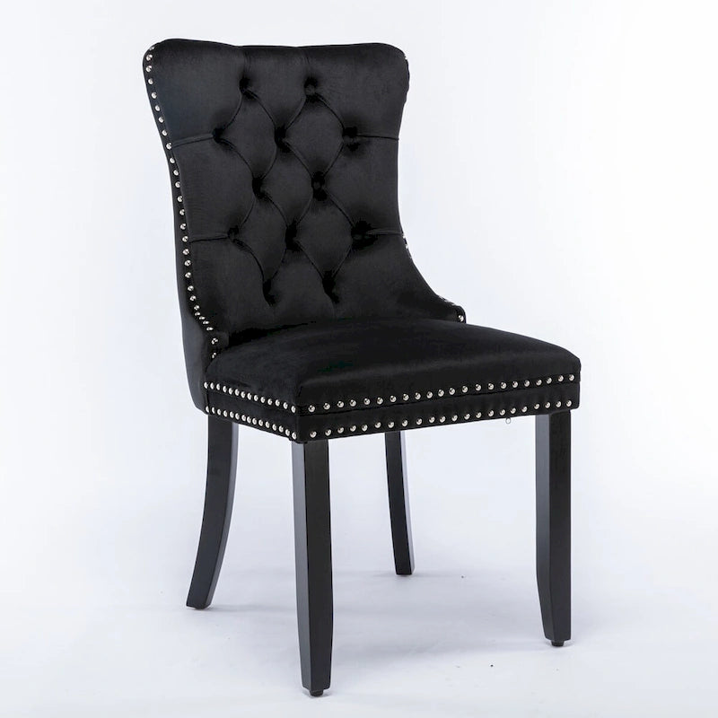 Chaises de salle à manger contemporaines haut de gamme rembourrées en velours touffeté en bois massif avec pieds en bois, garniture de clous de tapissier, lot de 2, doré