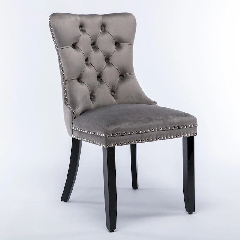 Chaises de salle à manger contemporaines haut de gamme rembourrées en velours touffeté en bois massif avec pieds en bois, garniture de clous de tapissier, lot de 2, doré