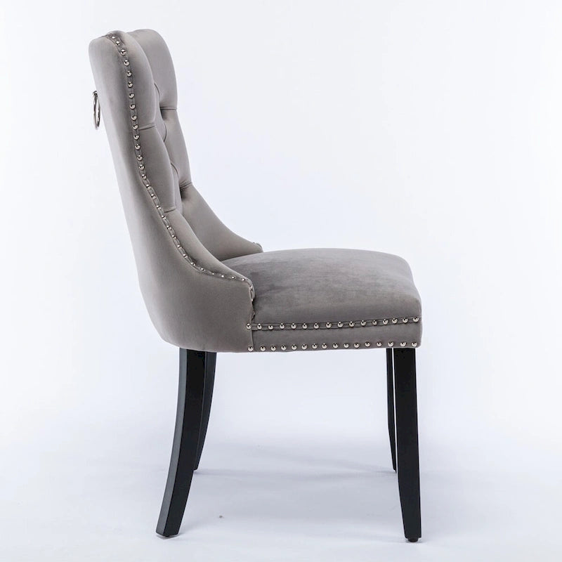 Chaises de salle à manger contemporaines haut de gamme rembourrées en velours touffeté en bois massif avec pieds en bois, garniture de clous de tapissier, lot de 2, doré