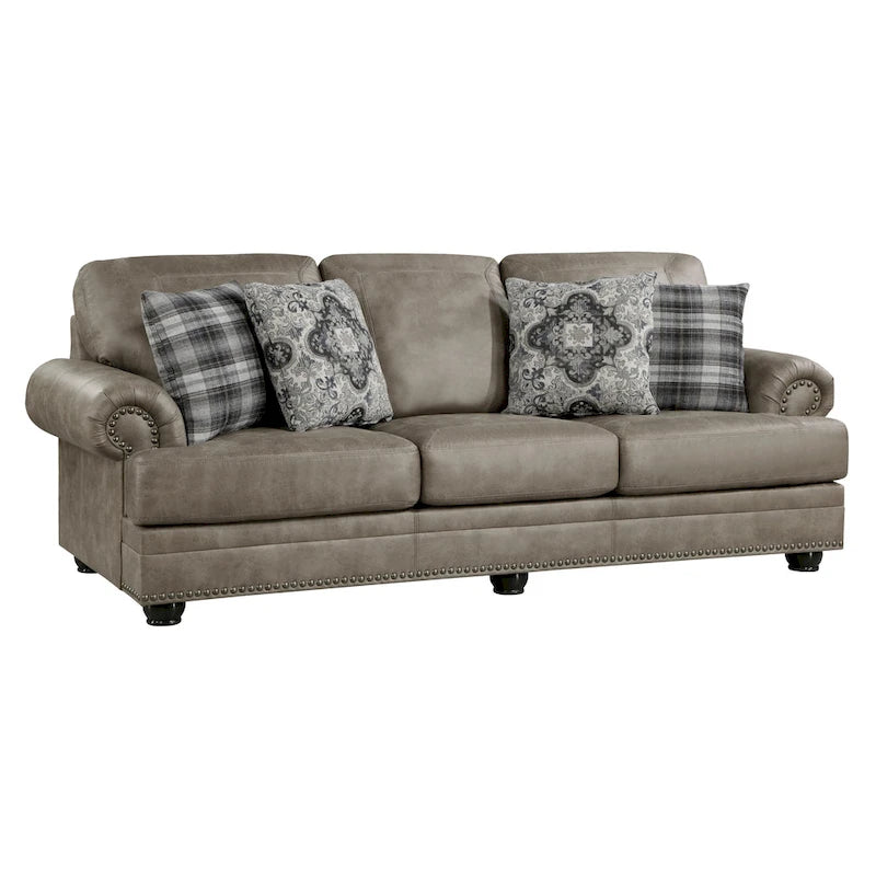 Canapé de 98 po, microfibre brun taupe, 4 coussins décoratifs, coussins moelleux, bois