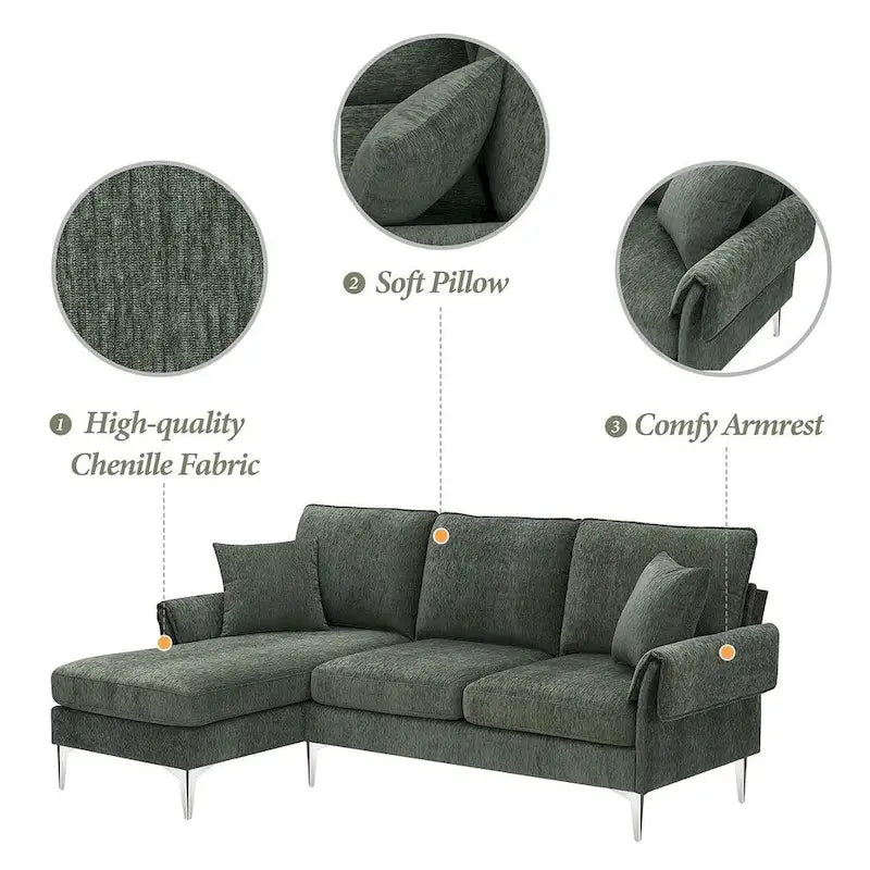 Canapé sectionnel convertible en L, canapé en chenille avec méridienne réversible pour salon, appartement