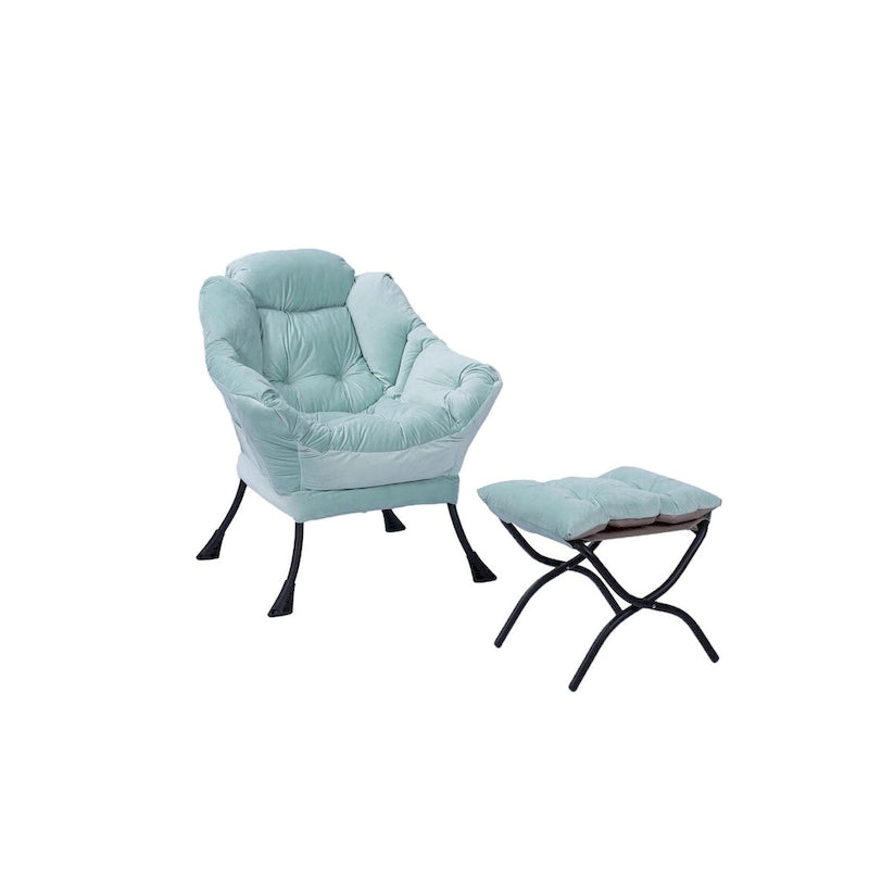 Fauteuil de salon contemporain, canapé individuel avec structure en acier, accoudoirs, poche latérale et repose-pieds.