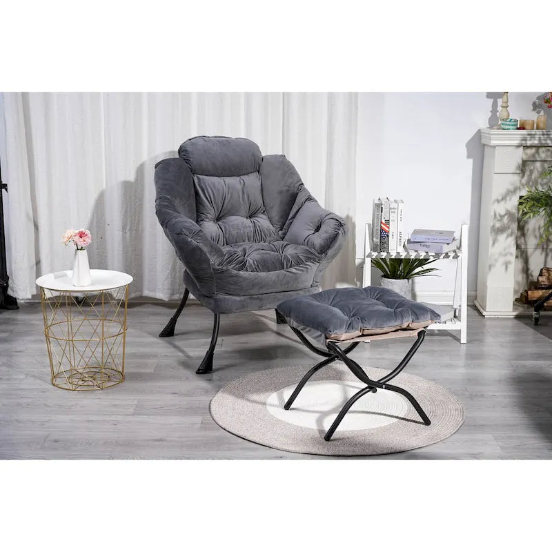 Fauteuil de salon contemporain, canapé individuel avec structure en acier, accoudoirs, poche latérale et repose-pieds.