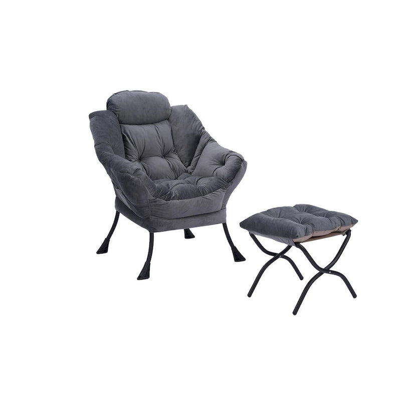 Fauteuil de salon contemporain, canapé individuel avec structure en acier, accoudoirs, poche latérale et repose-pieds.