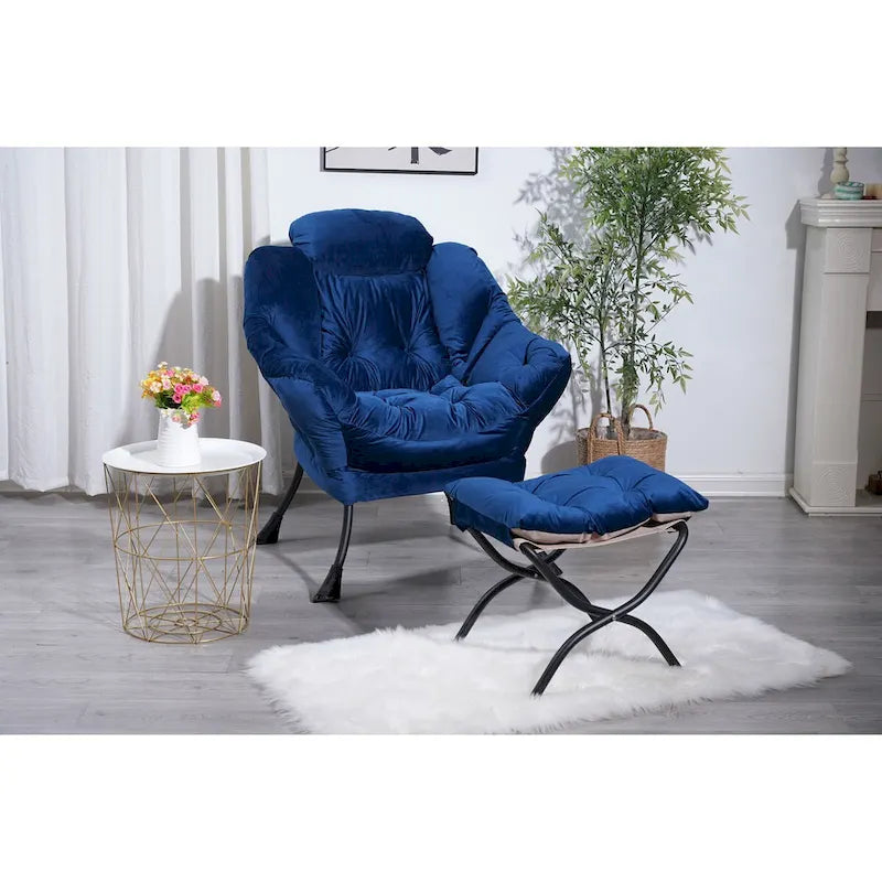 Fauteuil de salon contemporain, canapé individuel avec structure en acier, accoudoirs, poche latérale et repose-pieds.
