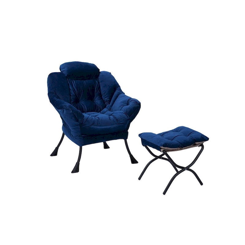 Fauteuil de salon contemporain, canapé individuel avec structure en acier, accoudoirs, poche latérale et repose-pieds.