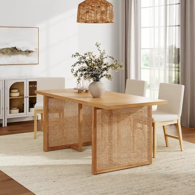Willow Boho Dining Table for 6 with Solid Wood Legs, Dining Table with Bohemian Rattan Accent