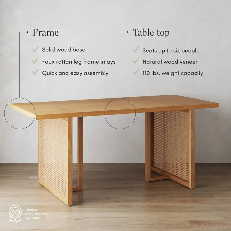 Table de salle à manger bohème pour 6 personnes avec pieds en bois massif, table de salle à manger avec détail en rotin bohème