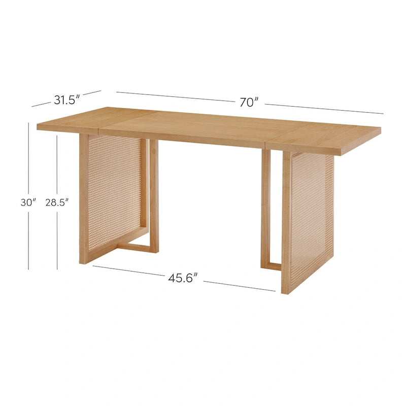 Table de salle à manger bohème pour 6 personnes avec pieds en bois massif, table de salle à manger avec détail en rotin bohème