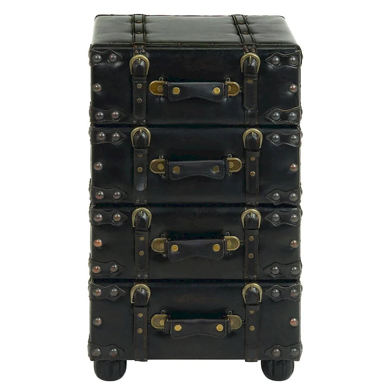 Faux Leather Vintage 4 Drawer Room Chest with Buckle Straps and Gold Stud Details - Black - Roche River Decor