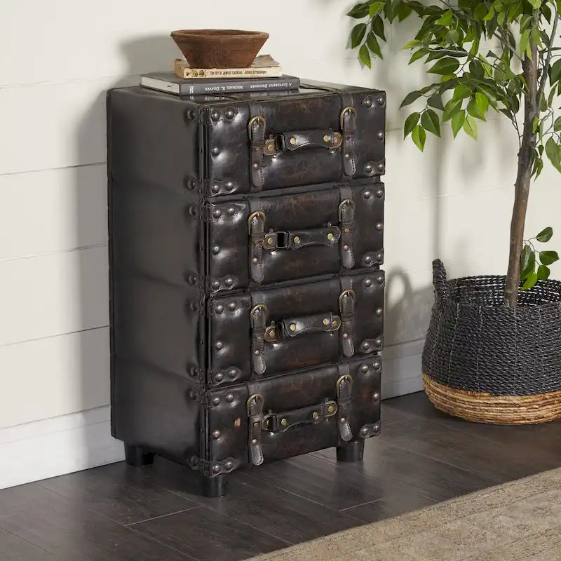 Commode de chambre vintage 4 tiroirs en similicuir avec sangles à boucles et clous dorés - Noir